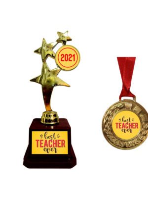 Yaya Cafe™ Best Teacher Ever 2021 Trophy Award and Medal Combo - Golden