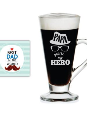 TheYaYaCafe Yaya Cafe Birthday Gifts for Father Hero Papa Dad Engraved Glass Tea Coffee Mug Cup with Coaster