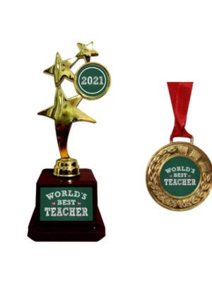 Yaya Cafe™ Worlds Best Teacher 2021 Trophy Award and Medal Combo - Golden