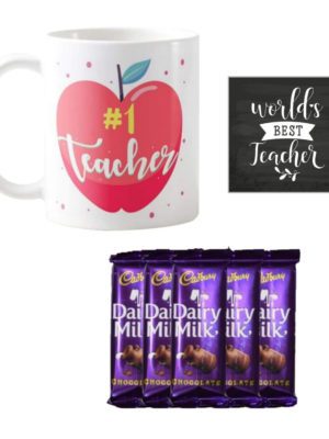 YaYa cafe™ Teachers Day Gift Combo, No.1 Teacher Mug, 5 Dairy Milk Chocolates, with Coaster