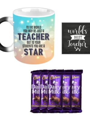 YaYa cafe™ Teachers Day Gift Combo, Star Teacher Mug, 5 Dairy Milk Chocolates, with Coaster