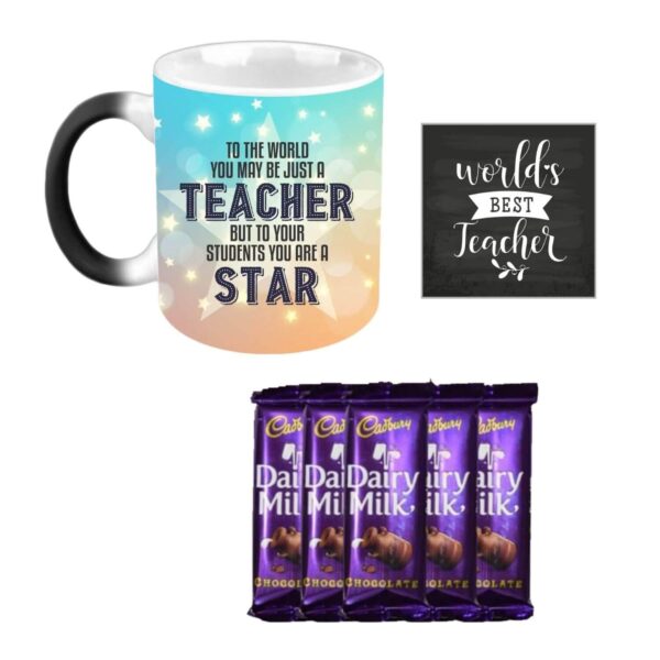 YaYa cafe™ Teachers Day Gift Combo, Star Teacher Mug, 5 Dairy Milk Chocolates, with Coaster