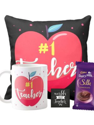 YaYa cafe™ Teachers Day Gift Combo, No.1 Teacher Mug, Cushion Cover, 1 Dairy Milk Silk Chocolate (60 gm), with Coaster