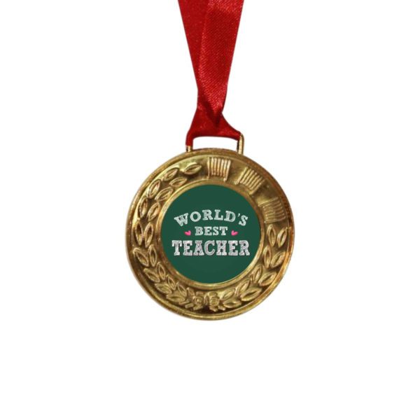 Yaya Cafe™ Worlds Best Teacher 2021 Trophy Award and Medal Combo - Golden