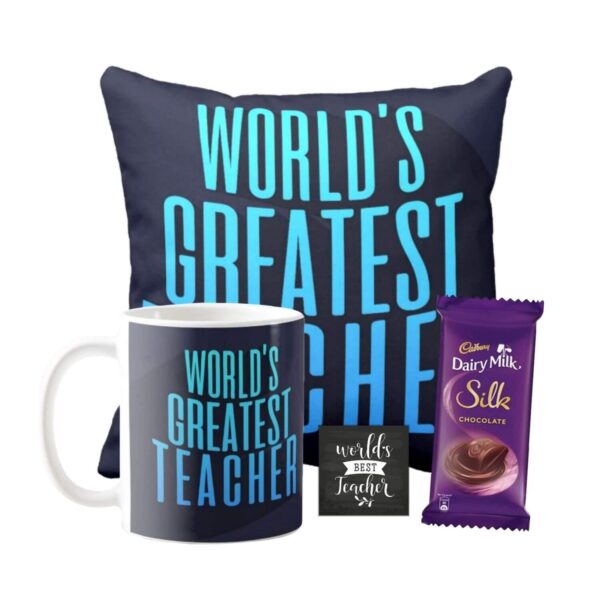 YaYa cafe™ Teachers Day Gift Combo, World's Greatest Teacher Mug, Cushion Cover, 1 Dairy Milk Silk Chocolate (60 gm), with