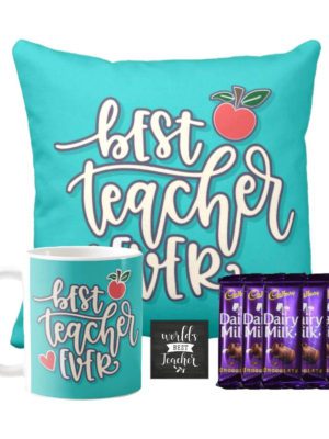 YaYa cafe™ Teachers Day Gift Combo, Best Teacher Ever Mug, Cushion Cover, 5 Dairy Milk Chocolates, with Coaster