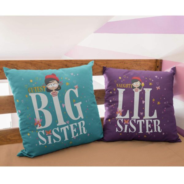 YaYa cafe Cutest Big Naughty Lil Sister Printed Canvas Fabric 20 x 20-inch Cushion Cover (Purple) -Set of 2