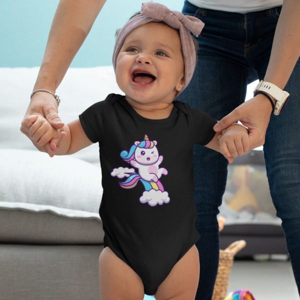 Birthday Gifts Kid Girls Cotton Rainbow Unicorn Printed Onsesie Romper_Black