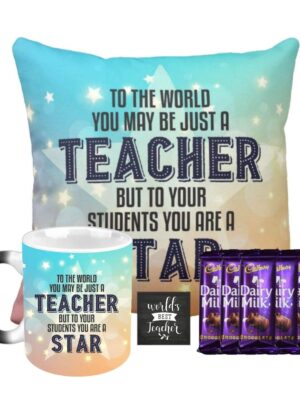 YaYa cafe™ Teachers Day Gift Combo, Star Teacher Mug, Cushion Cover, 5 Dairy Milk Chocolates, with Coaster
