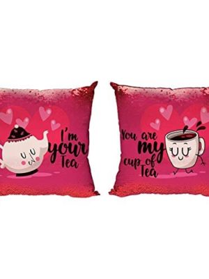 Valentine Couple Gifts for Husband Wife You are My Cup of Tea Magic Sequin Cushion Covers Set of 2 Love Anniversary - 24 x 24 inches