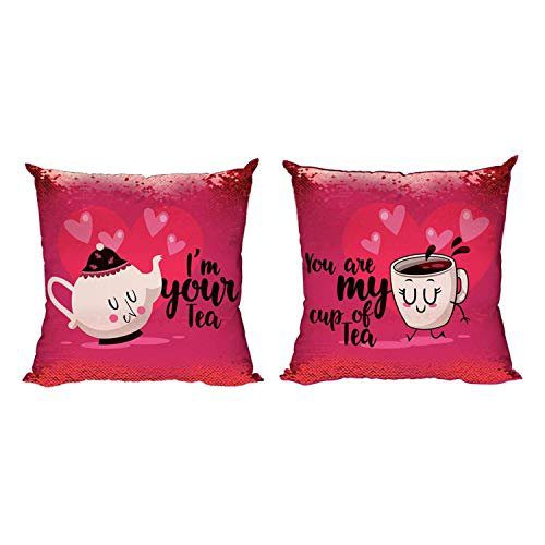 Valentine Couple Gifts for Husband Wife You are My Cup of Tea Magic Sequin Cushion Covers Set of 2 Love Anniversary - 24 x 24 inches
