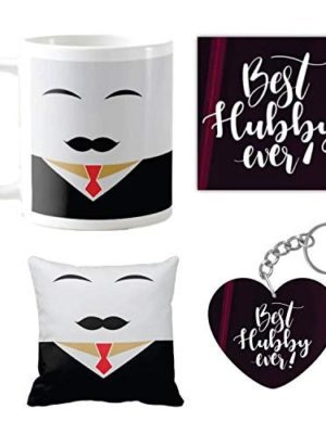 Anniversary Birthday Gifts for Husband Special Romantic, Funky Moustache Gentleman Husband Coffee Mugs for Husband Gift Combo Hamper Set of 4 with Mug, Cushion Cover, Coaster, Keychain