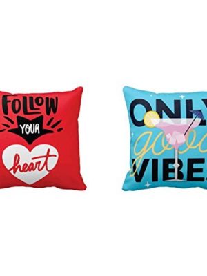 Canvas Cotton Only Good Vibes Follow Your Heart Motivational Quotes Printed Sofa Throw Pillows Cushion Cover (16X16 inches, Multicolour) - Set of 2