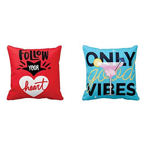 Canvas Cotton Only Good Vibes Follow Your Heart Motivational Quotes Printed Sofa Throw Pillows Cushion Cover (16X16 inches, Multicolour) - Set of 2