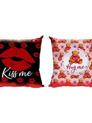 Valentine Day Gifts for Girlfriend Wife Hug Me Kiss Me Couple Magic Sequin Cushion Covers Set of 2 Love Anniversary - 20 x 20 inches