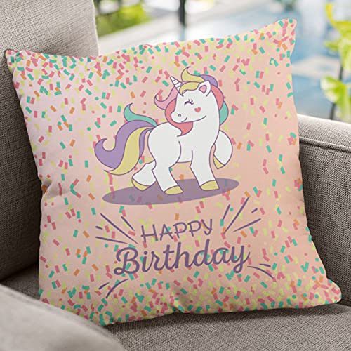 Walking Unicorn Happy Birthday Cushion Pillow Birthday Gifts Premium Cotton Throw Cushion Cover - 12X12 inches
