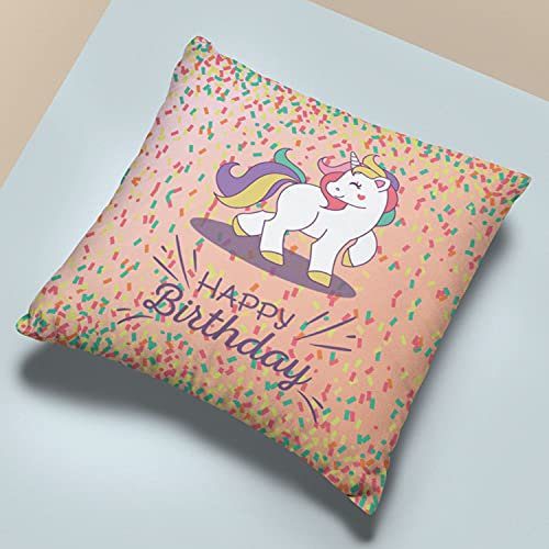 Walking Unicorn Happy Birthday Cushion Pillow Birthday Gifts Premium Cotton Throw Cushion Cover - 12X12 inches