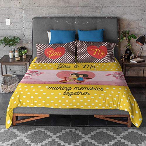 Valentine Gifts You and Me Making Memories Printed King Size Double Bedsheet with 2 Pillow Covers