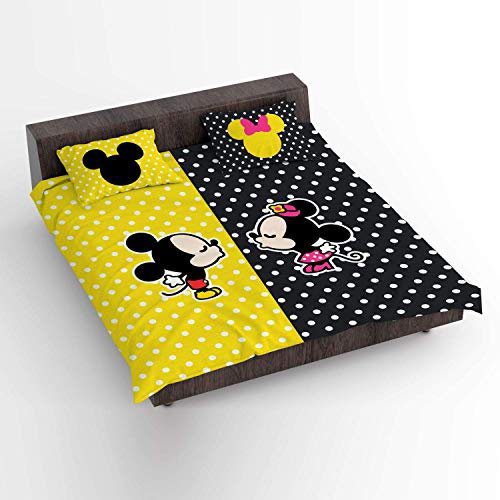 Anniversary Gifts Mickey Minnie Printed Bedsheet for Couple with 2 Pillow Covers - Yellow and Black