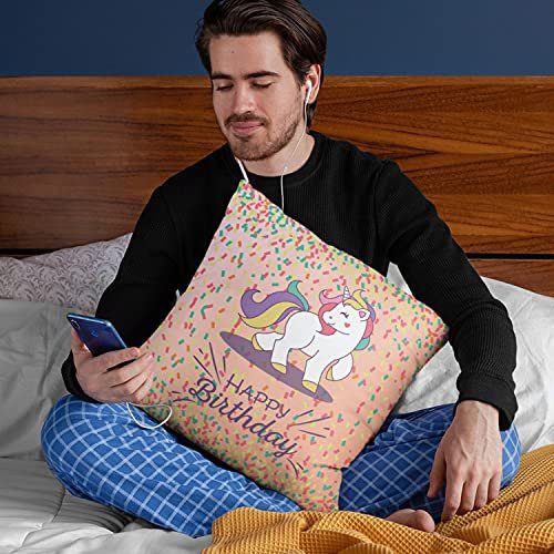 Walking Unicorn Happy Birthday Cushion Pillow Birthday Gifts Premium Cotton Throw Cushion Cover - 12X12 inches