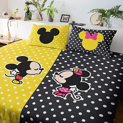 Anniversary Gifts Mickey Minnie Printed Bedsheet for Couple with 2 Pillow Covers - Yellow and Black