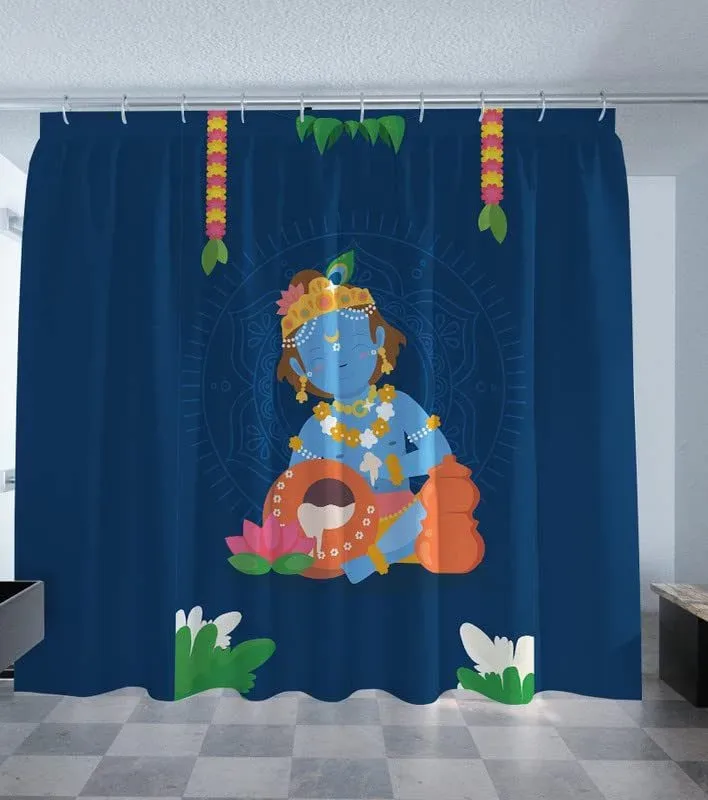 TheYaYaCafe Digital Printed Krishna Ji Temple Curtains for Pooja Room, Curtains for Mandir 2x3 Feet - Cute Krishna