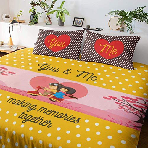 Valentine Gifts You and Me Making Memories Printed King Size Double Bedsheet with 2 Pillow Covers