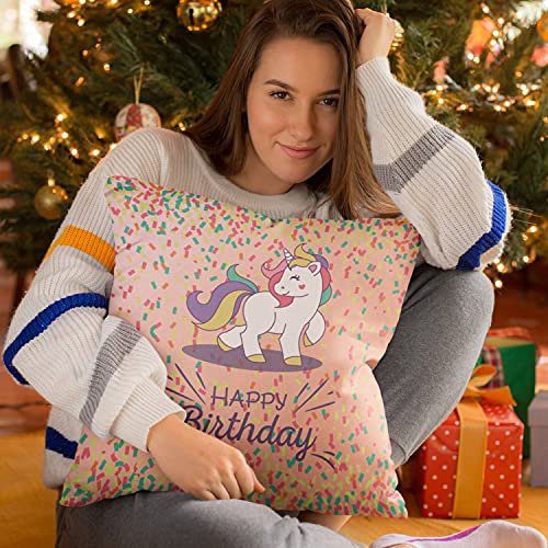Walking Unicorn Happy Birthday Cushion Pillow Birthday Gifts Premium Cotton Throw Cushion Cover - 12X12 inches