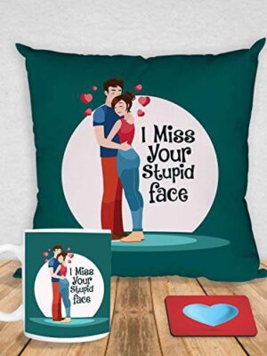 Valentine Gifts Combo for Girlfriend Wife Mug I Miss Your Stupid Face with Coaster, Cushion Cover