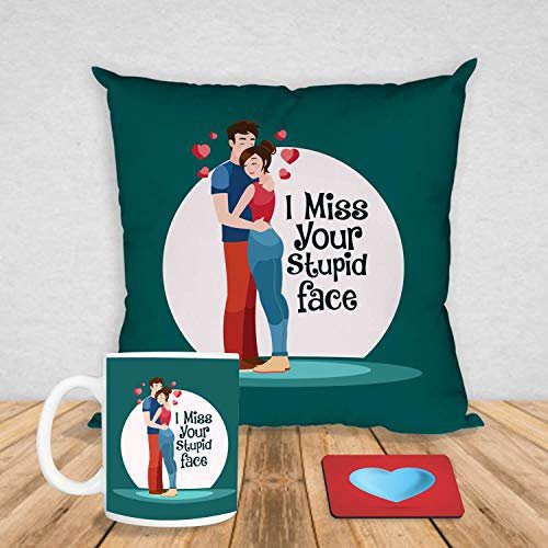 Valentine Gifts Combo for Girlfriend Wife Mug I Miss Your Stupid Face with Coaster, Cushion Cover