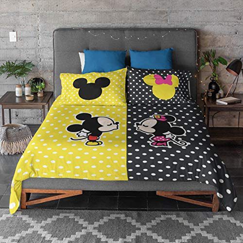 Anniversary Gifts Mickey Minnie Printed Bedsheet for Couple with 2 Pillow Covers - Yellow and Black