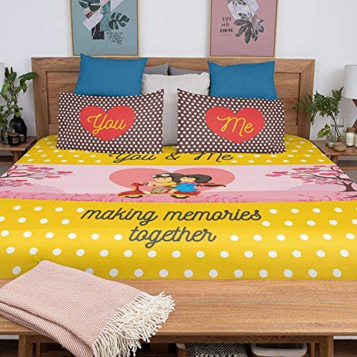 Valentine Gifts You and Me Making Memories Printed King Size Double Bedsheet with 2 Pillow Covers