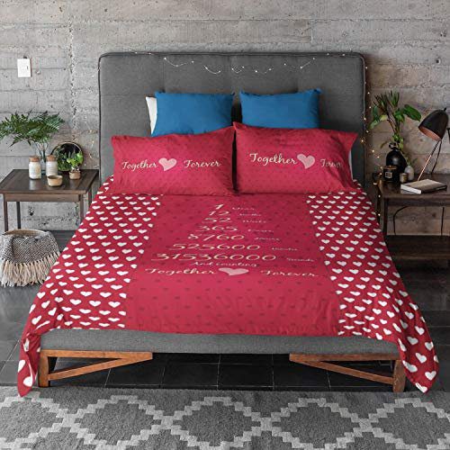 1st Year Together Forever Printed Bedsheet for Couple with 2 Pillow Covers - Red