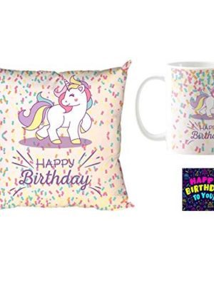 Walking Unicorn Happy Birthday Gifts Ceramic 330 ml Coffee Mug with 12 x 12 inch Cushion Cover