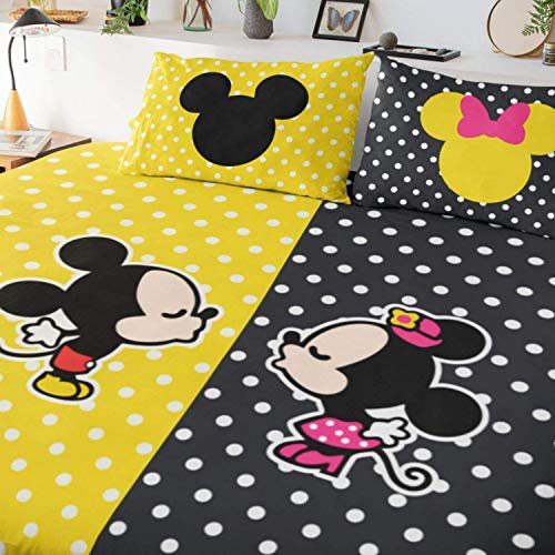 Anniversary Gifts Mickey Minnie Printed Bedsheet for Couple with 2 Pillow Covers - Yellow and Black