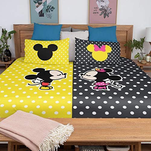 Anniversary Gifts Mickey Minnie Printed Bedsheet for Couple with 2 Pillow Covers - Yellow and Black