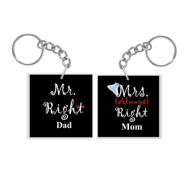 Mr Right Mrs Always Right Mom Dad Mug 330 ml with 12x12 inches Cushion Cover, Table Coaster, Keychain (Gift Combo)