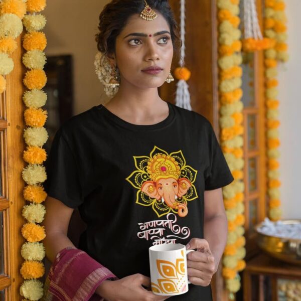 TheYaYaCafe® Ganesh Ji Printed Women's Cotton T-Shirt, Round Neck, Half Sleeve Ganesh Chaturthi T-Shirt for Women