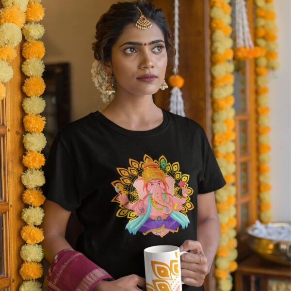 TheYaYaCafe® Ganesh Ji Printed Women's Cotton T-Shirt, Round Neck, Half Sleeve Ganesh Chaturthi T-Shirt for Women
