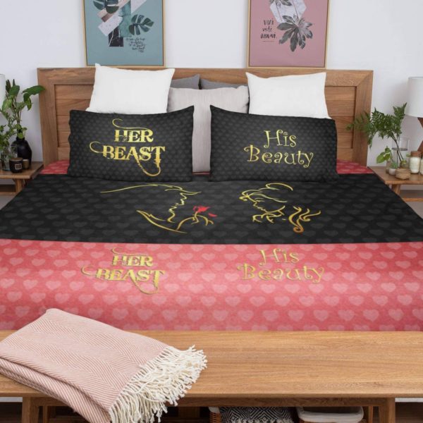 Beauty and Beast Couple Bedsheet with Pillow Covers