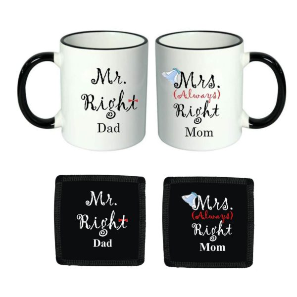 Mr Right Mrs Always Right Mom Dad Mug 330 ml with 12x12 inches Cushion Cover, Table Coaster, Keychain (Gift Combo)