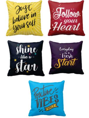 TheYaYaCafe® 24X24 inches Set of 5 Cushion Covers Just Beilieve in Your Self Motivational Quotes Printed Sofa Throw Pillows