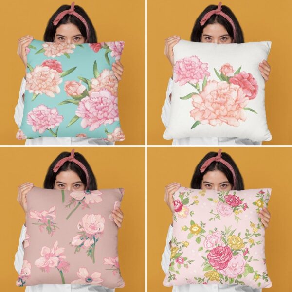 TheYaYaCafe Canvas Cotton Cushion Covers Symmetrical Floral Flowers Printed Sofa Throw Pillows (Multicolor, 16X16 inches) -Set