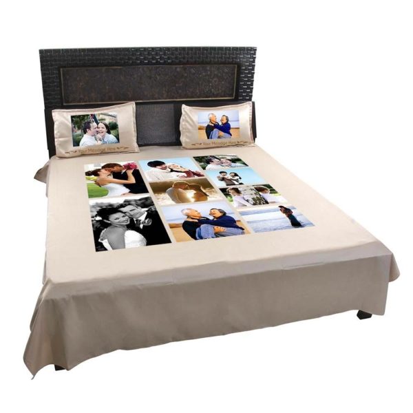 Personalized 8 Photo Collage Double Bedsheet with Pillow Covers