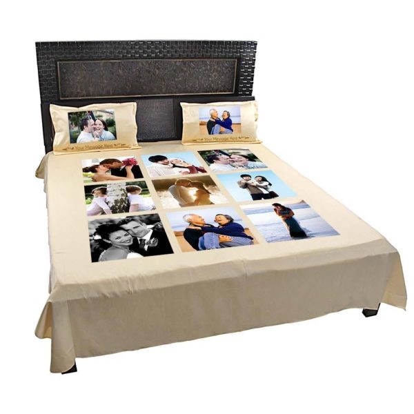 Personalized 8 Photo Collage Double Bedsheet with Pillow Covers