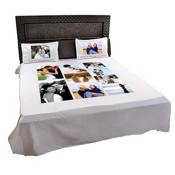 Personalized 8 Photo Collage Double Bedsheet with Pillow Covers