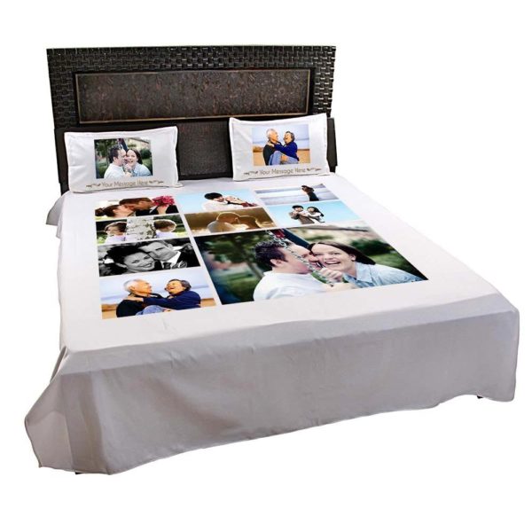 Personalized 8 Photo Collage Double Bedsheet with Pillow Covers