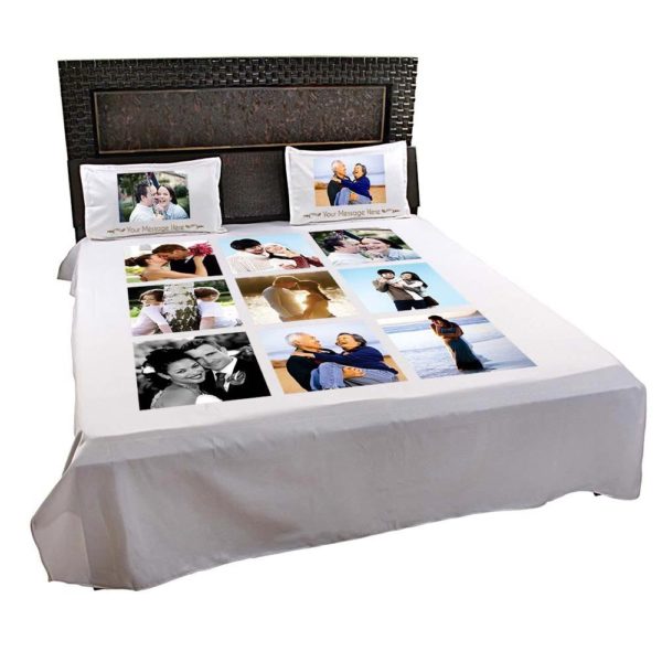 Personalized 8 Photo Collage Double Bedsheet with Pillow Covers