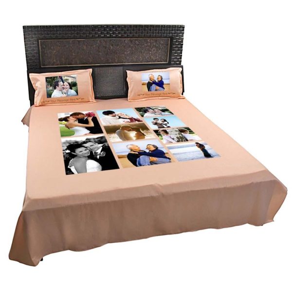 Personalized 8 Photo Collage Double Bedsheet with Pillow Covers