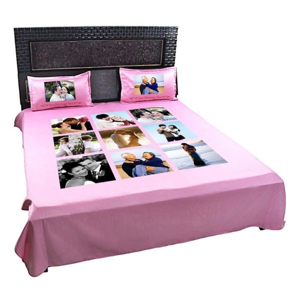 Personalized 8 Photo Collage Double Bedsheet with Pillow Covers